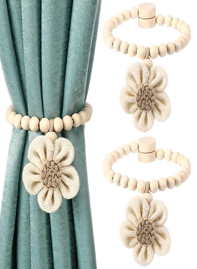 Fiwochic 2 Pcs Beaded Sunflower Magnetic Curtain Tiebacks Boho Wooden Curtain Tie Backs for Farmhouse Curtains Holders for Bedroom Decor Baby Nursery Decor for Home Office(Linen,Classic Style) - Image 1